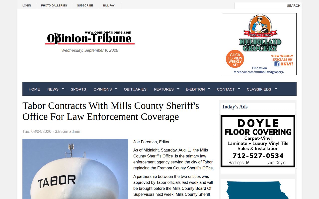 Opinion-Tribune report about Tabor contracting with Mills County Sheriff
