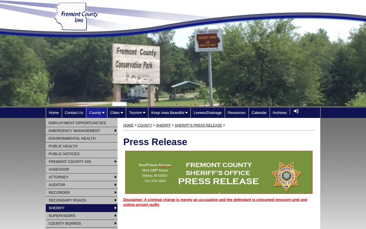 Fremont County Sheriff press release archive with dated arrest entries