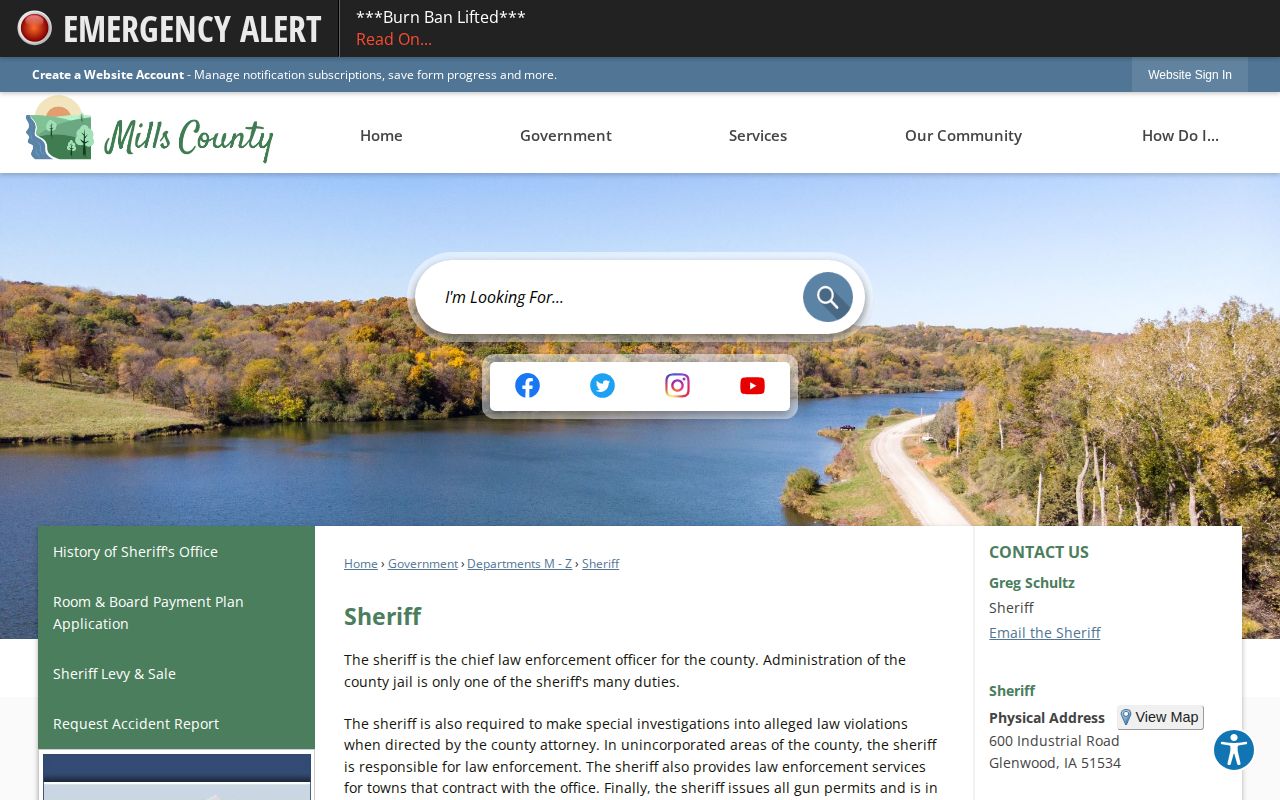 Mills County Sheriff official page with office and jail contact information