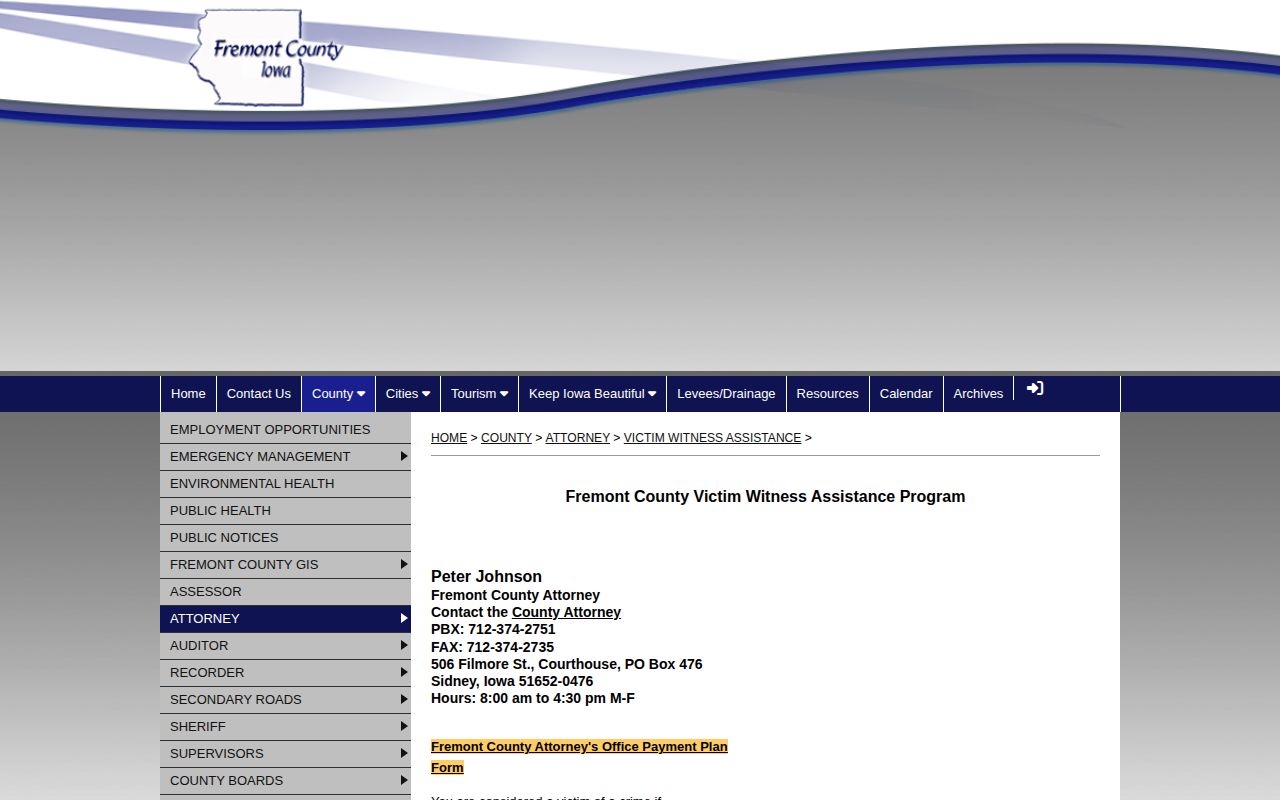 Fremont County Victim Witness Assistance page with local VINE registration instructions