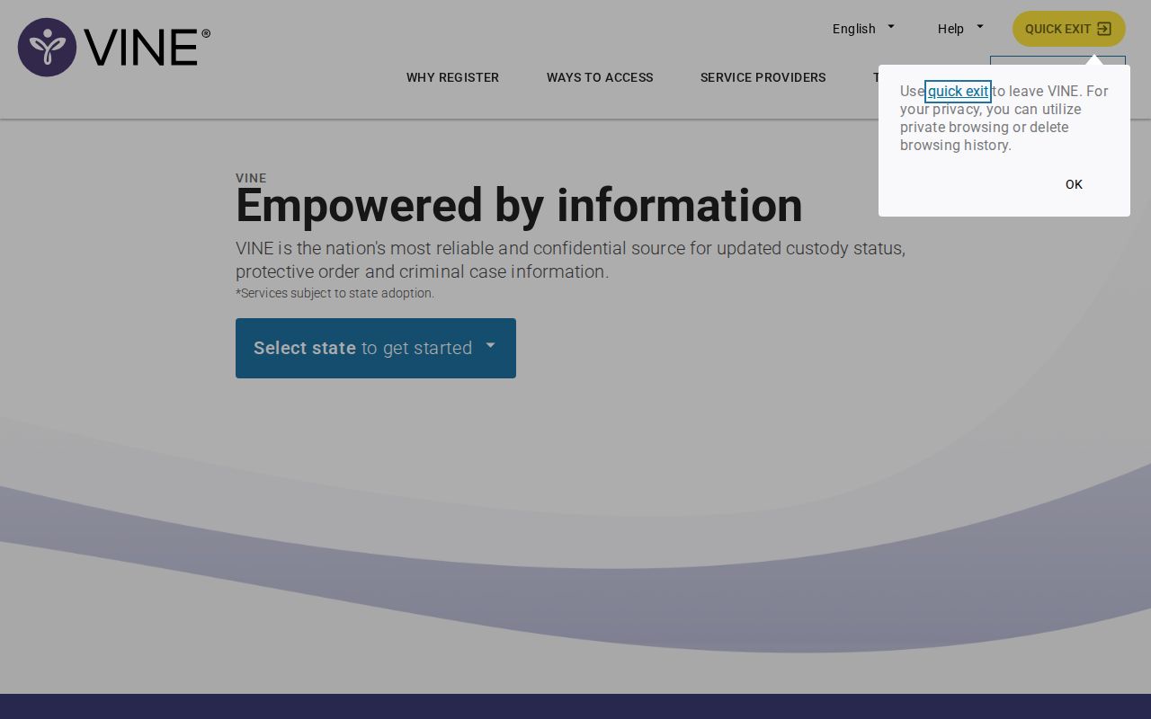VINELink landing page with access to custody notification registration